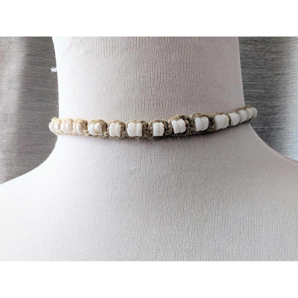 Vintage 90s Choker Hemp Handmade White BeadedChoker